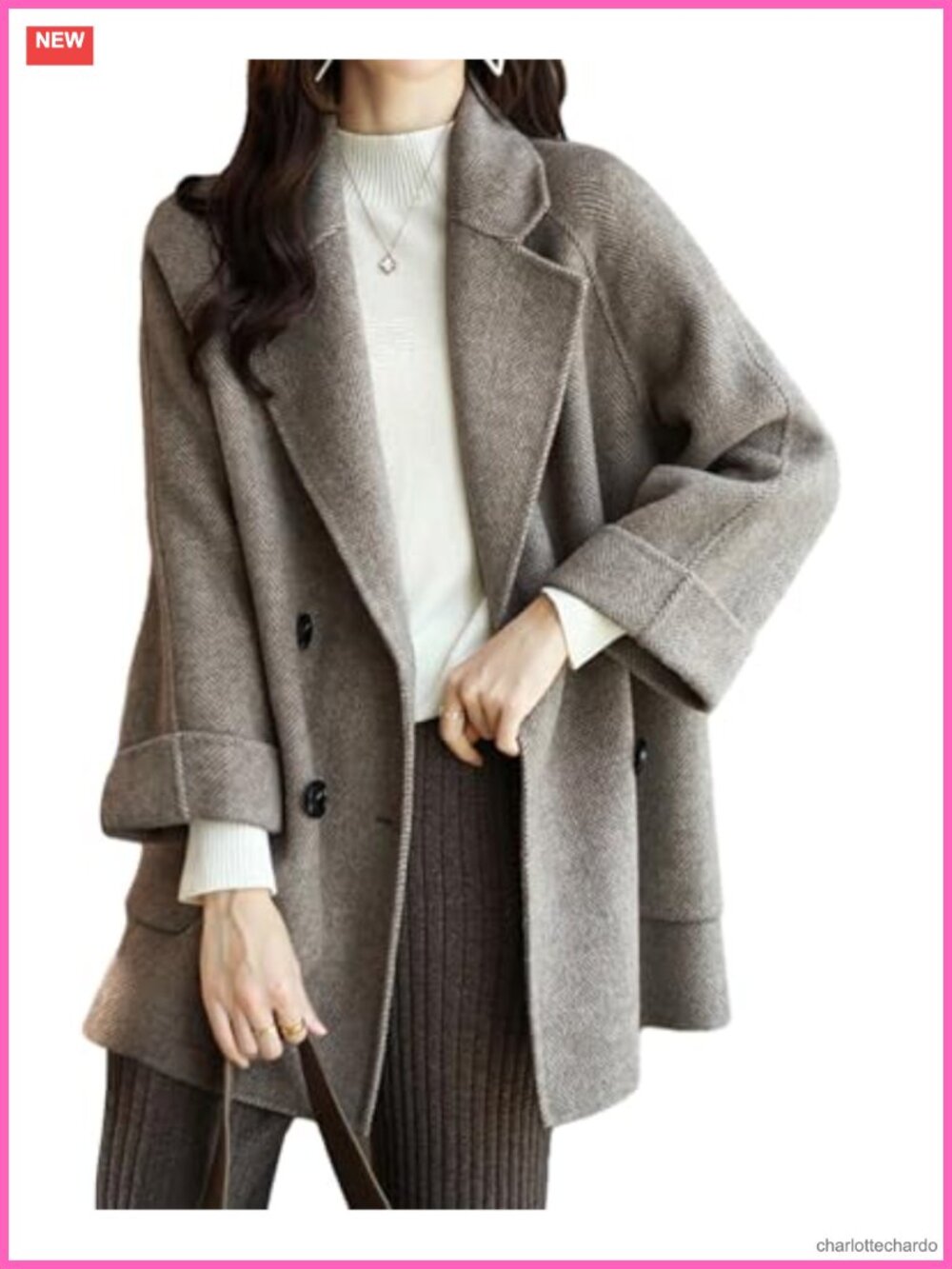Wool Blend Peacoat Double Breasted Winter Coat Loose Fit